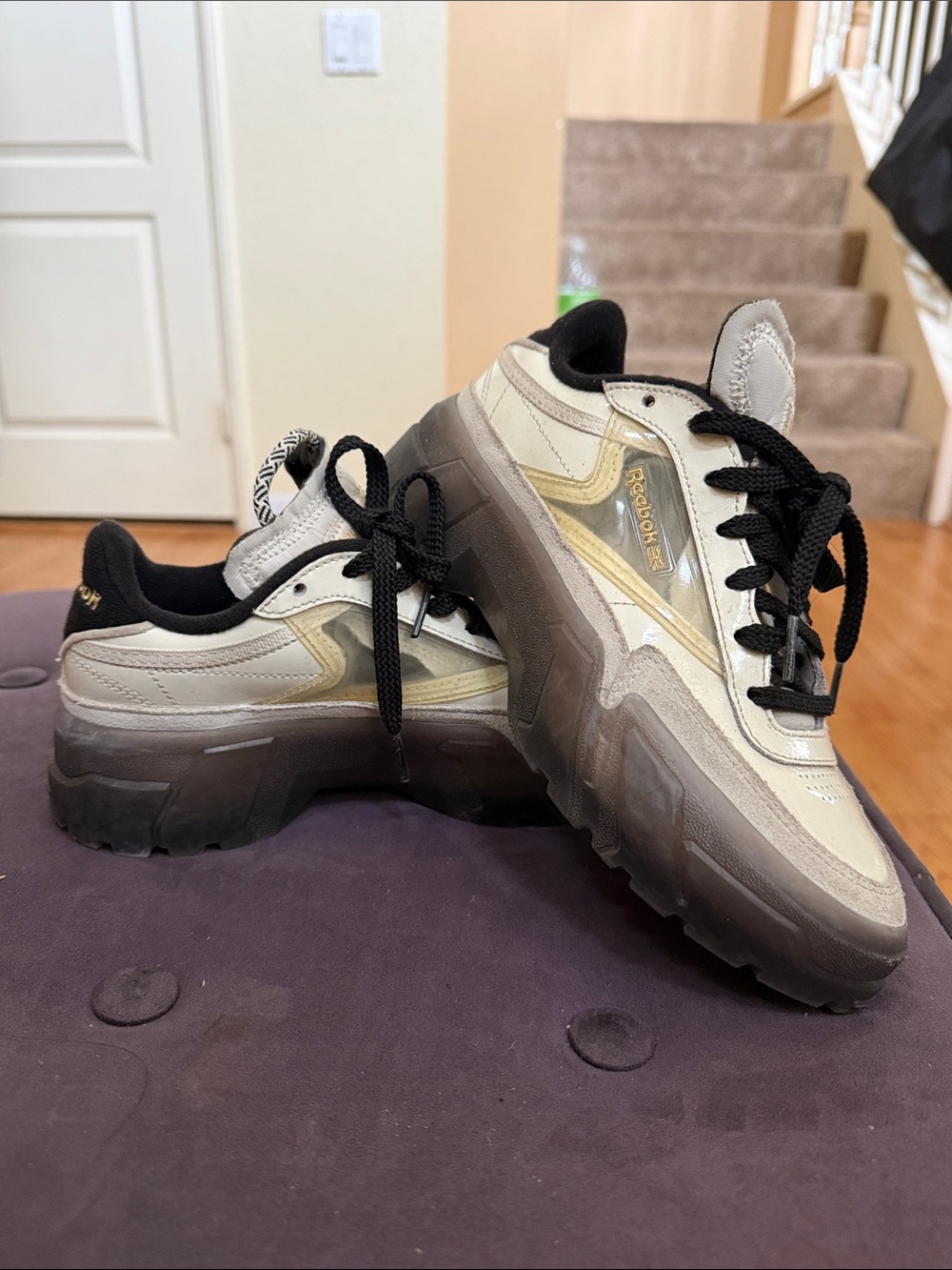 Reebok Cardi Club C:  Chunky Platform Sneakers in Cream, Gold, and Black